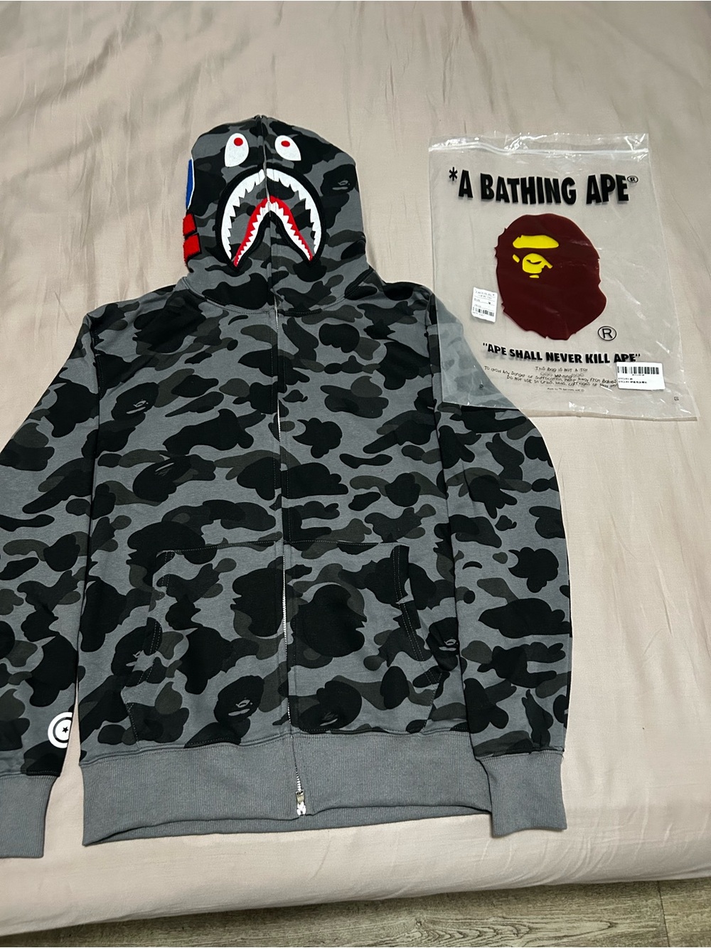 Bape Shark Zip Hoodie in Gray Camo with Red & White Accents
